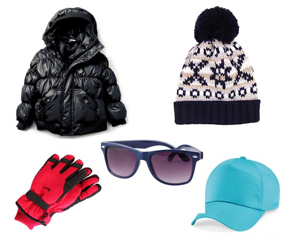 Puffy jacket, winter gloves, sunglasses, knitted beanie, baseball cap