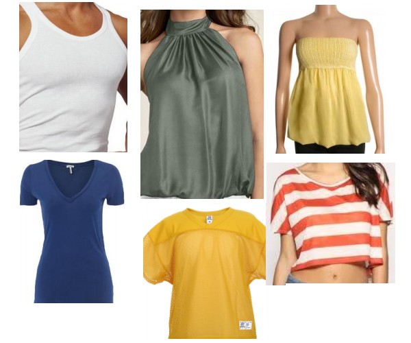Tank top, halter top, strapless shirt, v-neck tee, cutoff shirt, mesh shirt